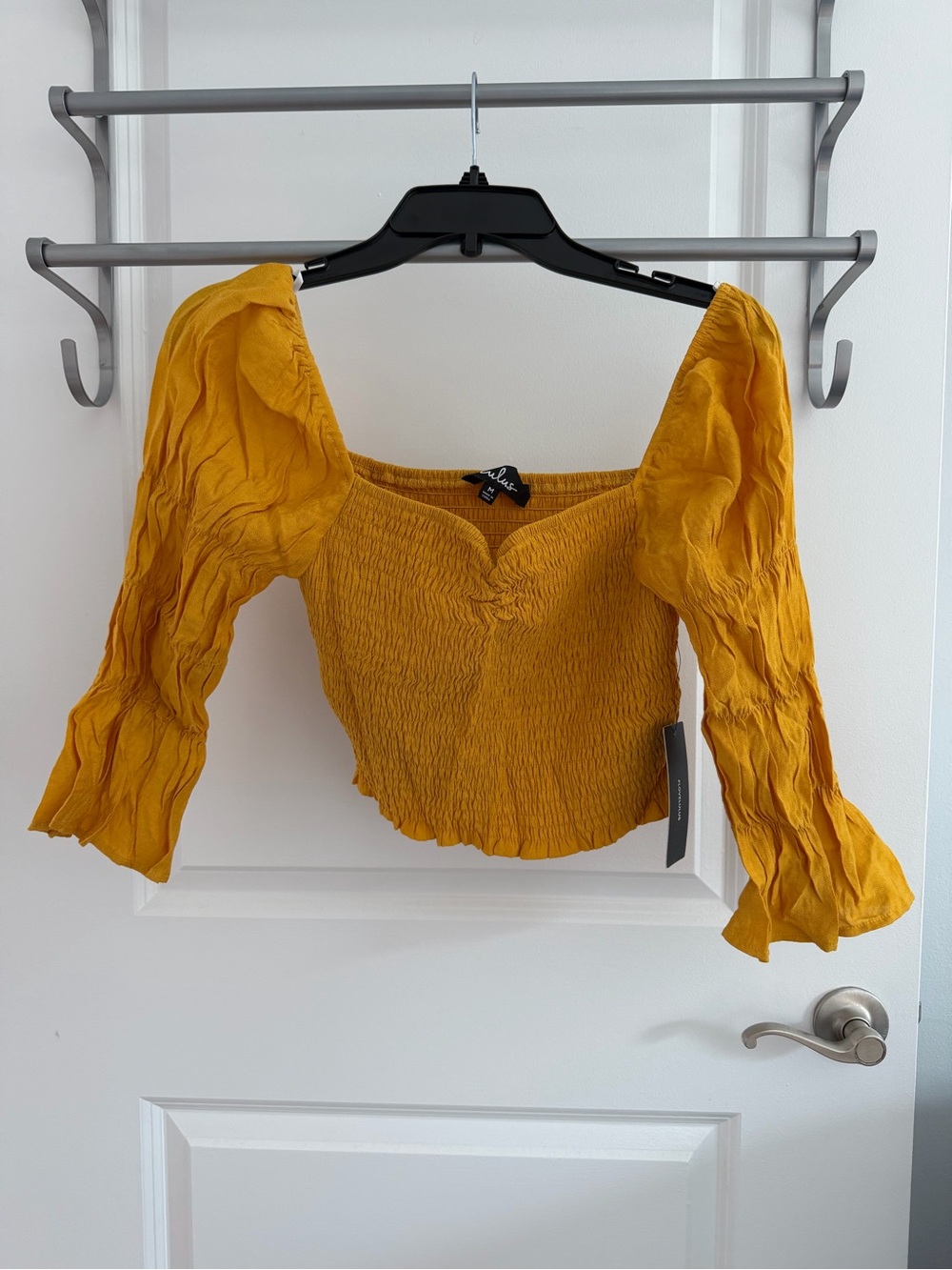 Lulu's Mustard Yellow Smocked Puff-Sleeve Crop Top NWT